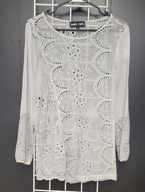 Lauren Vidal White Lace Sheer Long-Sleeve Top, SMALL